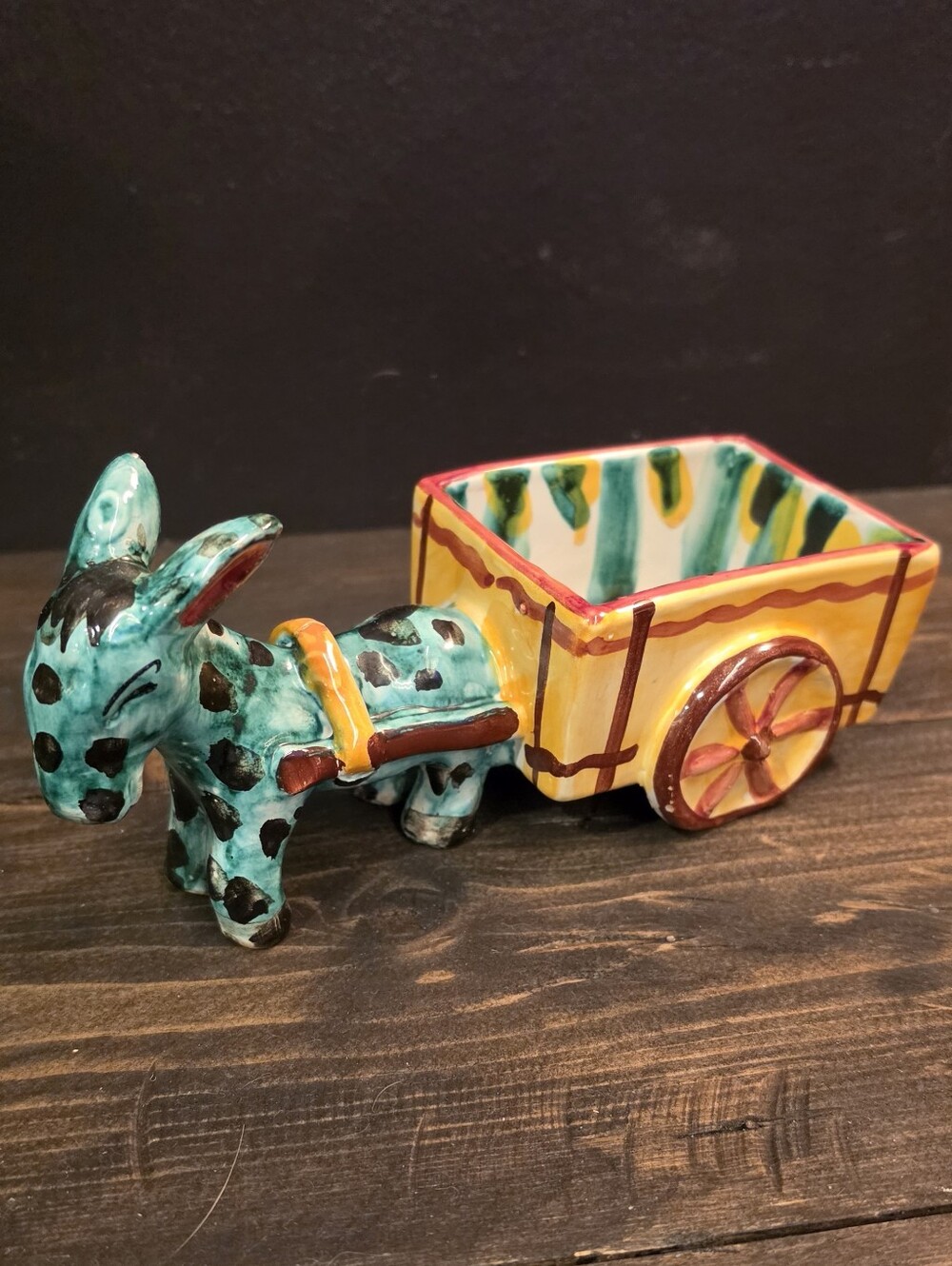 Vtg MCM Italian Majolica Ceramic Donkey Cart Planter RF Spaghetti Hand Painted